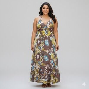 Mlle Gabriele L Floral Print Maxi Dress Halter Neck Brown Blue Womens Large